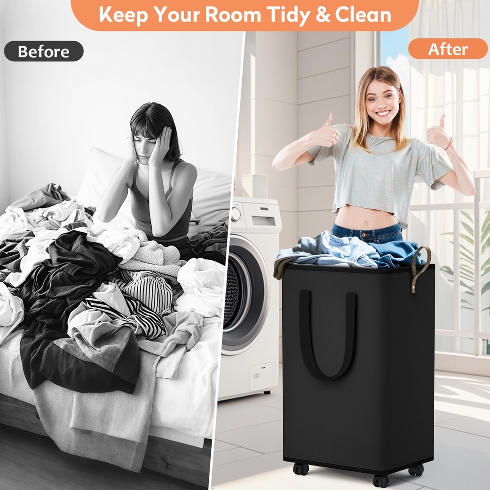 Laundry Basket With Wheels Collapsible Hamper Handles Detachable Rolling