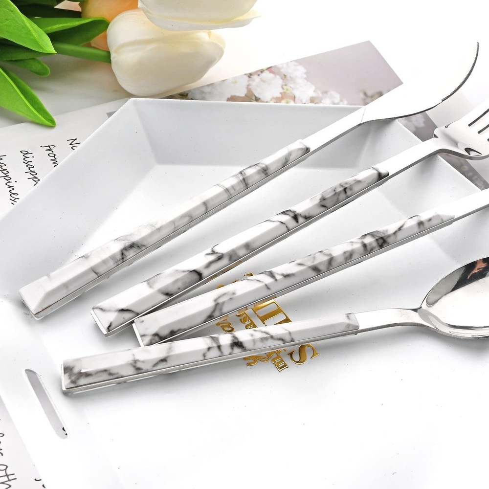 20 Piece (4 Set) Silver Stainless Steel Tableware With White Marble Handle, W...