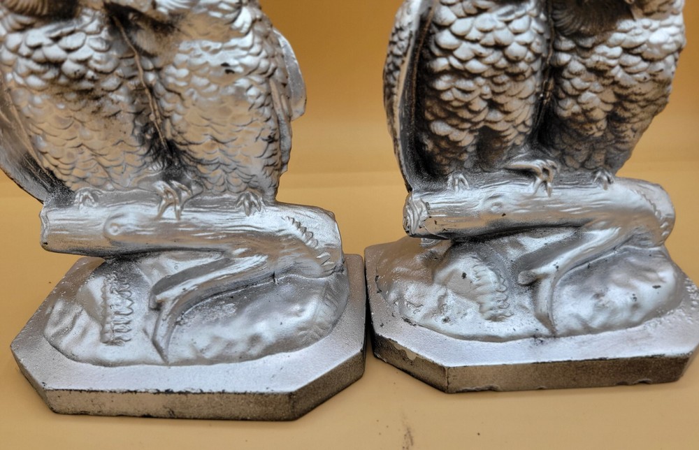 Mid-century Solid Cast Owl Bookends Silver Color