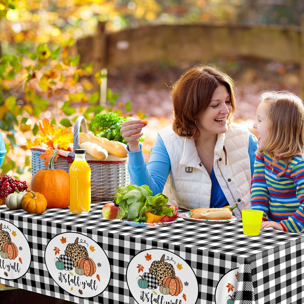 Fall Buffalo Plaid Tablecloth,3Pcs Pumpkin Table Cloth Plastic Black White Check