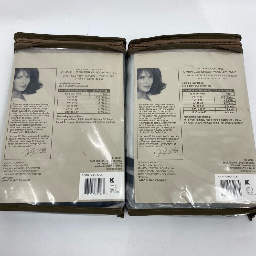 Lot 2 Jaclyn Smith Chenille Sheer Window Panel Black Gray 54" x 63"