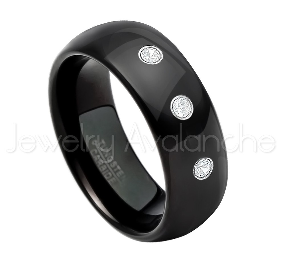 Black Dome Tungsten Ring 0.21ctw Diamond 3-Stone Ring April Birthstone Ring #077