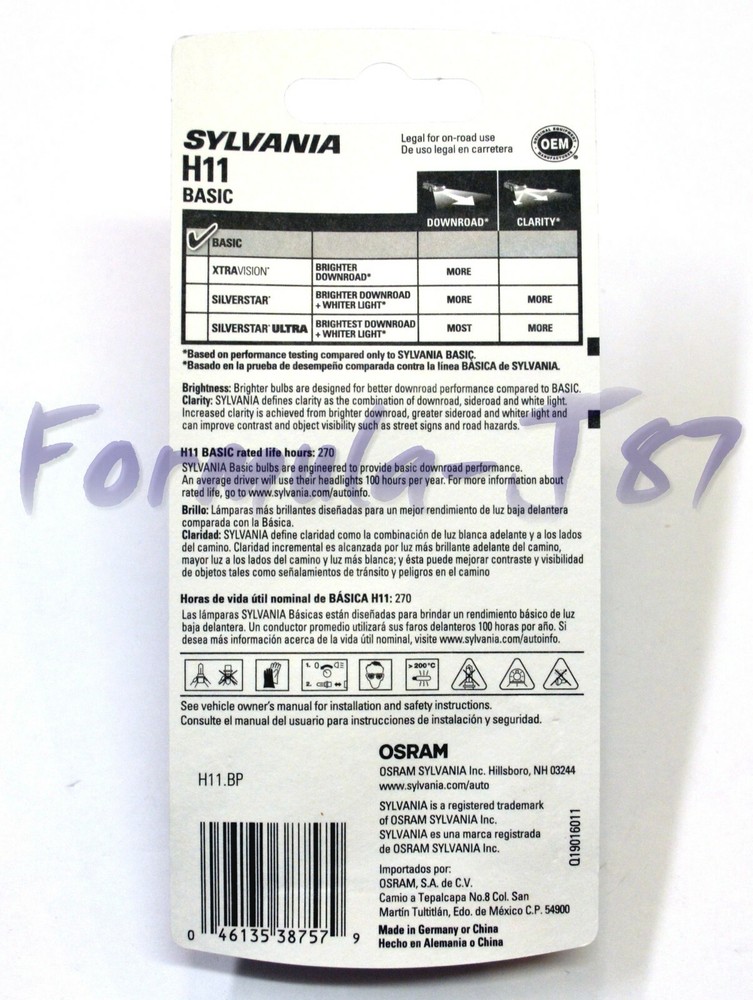Sylvania Basic H11 55W Two Bulbs Head Light High Beam Replacement Stock Lamp OE
