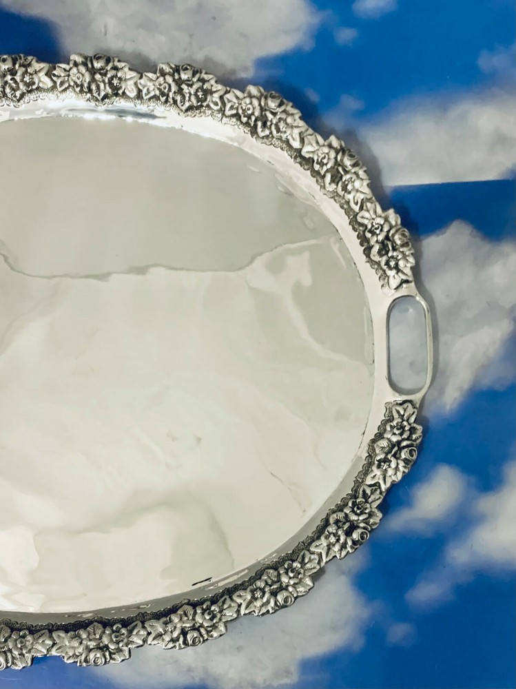 SOLID 925 STERLING SILVER OVAL MOTIF FLORAL TRAY / PLATTER
