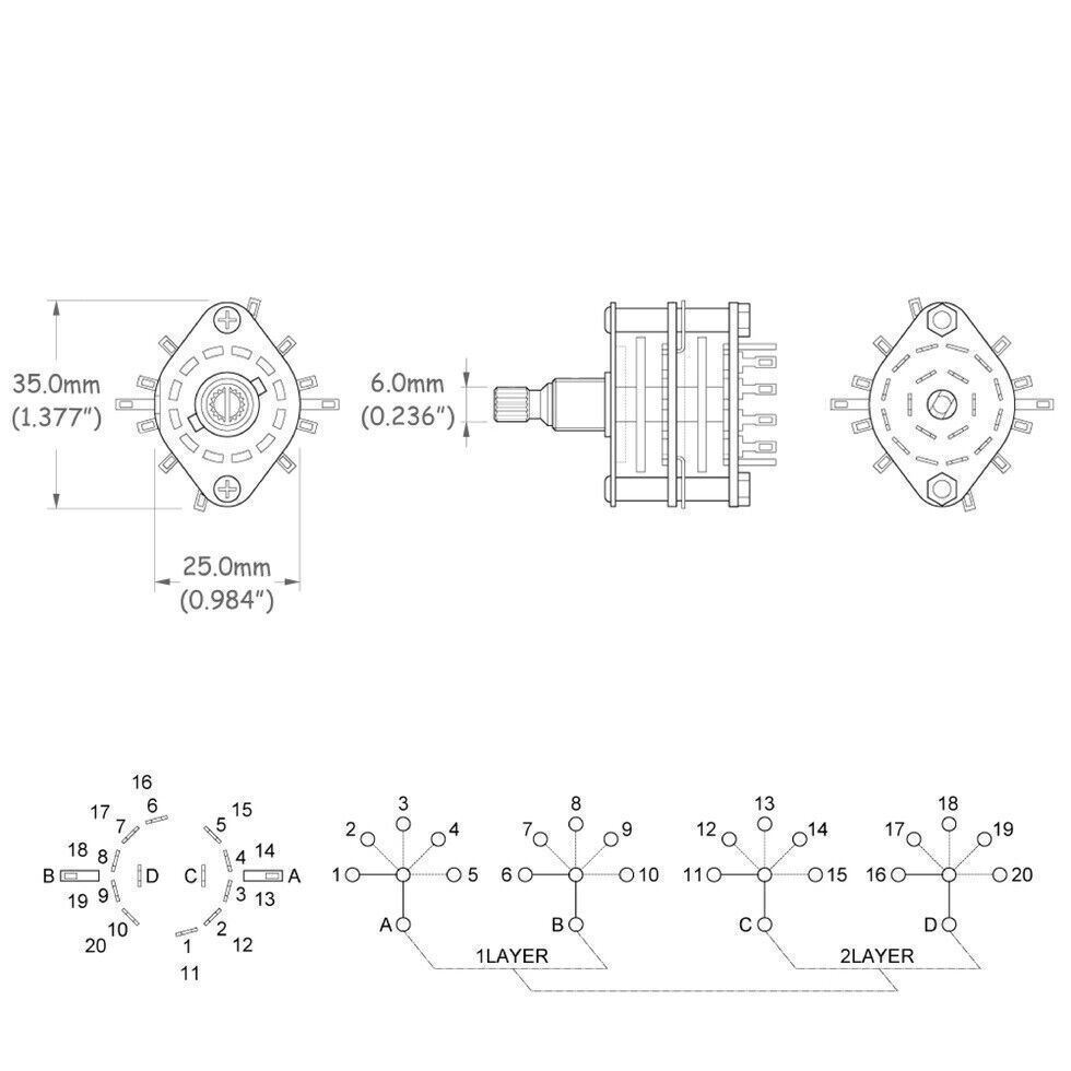 5 way - 4 pole Knurled Rotary Switch Double Decker