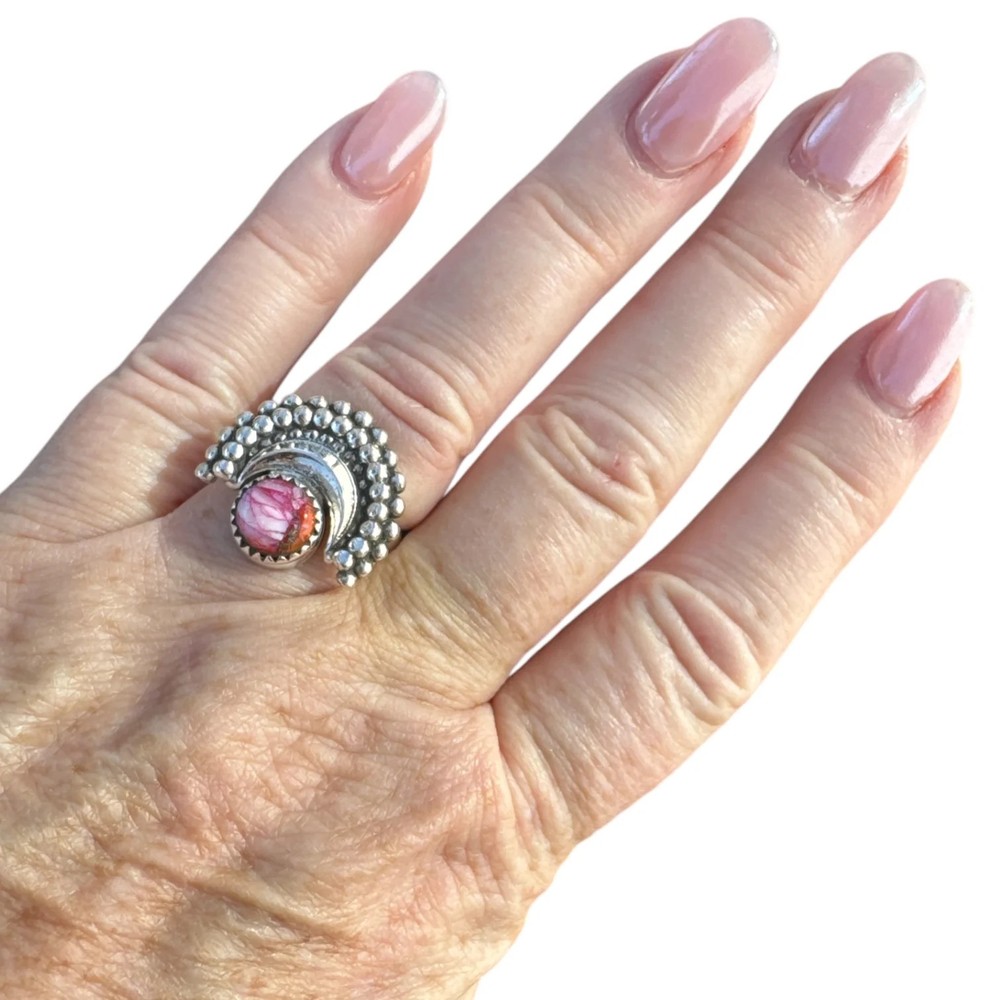Kingman Pink Dahlia Turquoise Solid 925 Sterling Silver Ring 6.5