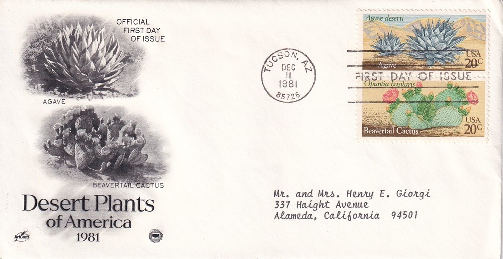 STAMP US SCOTT 1943, 1944 "Beavertail Cactus" 20 CENT 1981 FDC - B