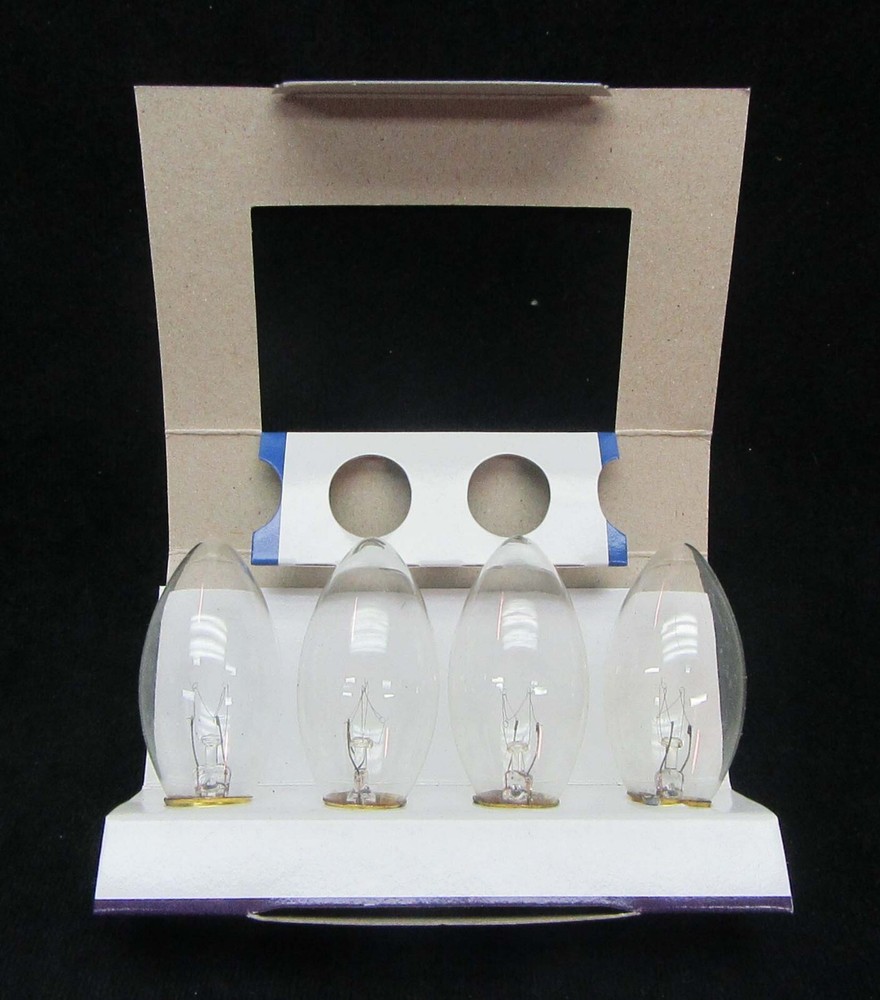 4 clear replacement C-9 bulbs. Intermediate base. 120 volt. 52 packs available.