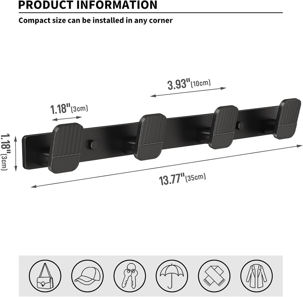 Coat Rack Wall Mount Coat Hooks - Black Hook Rack Wall Mount with 4 Hooks Alu...