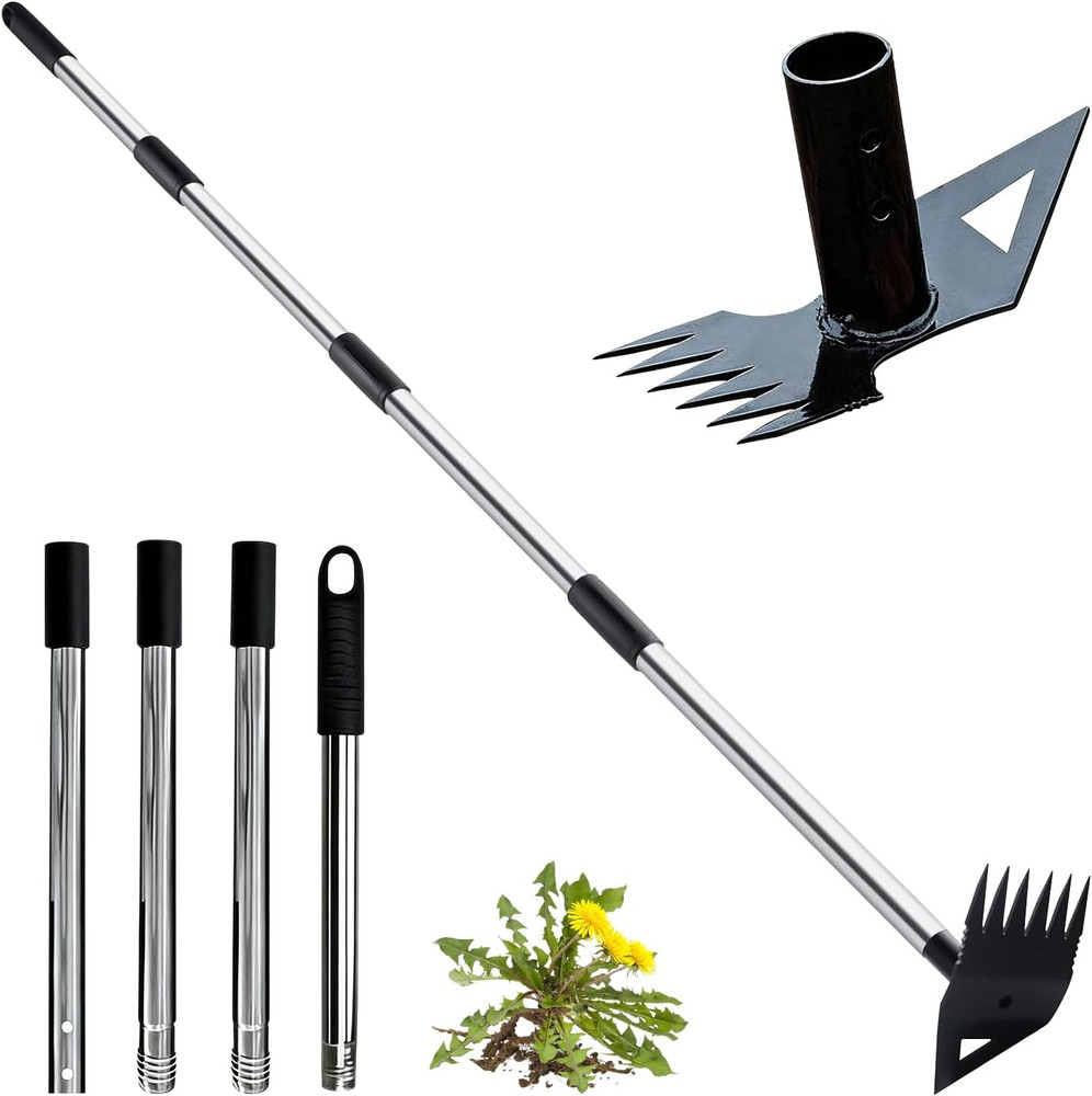Heavy-Duty Long Handle Weeding Rake - 2-in-1 Manual Weed Puller Tool