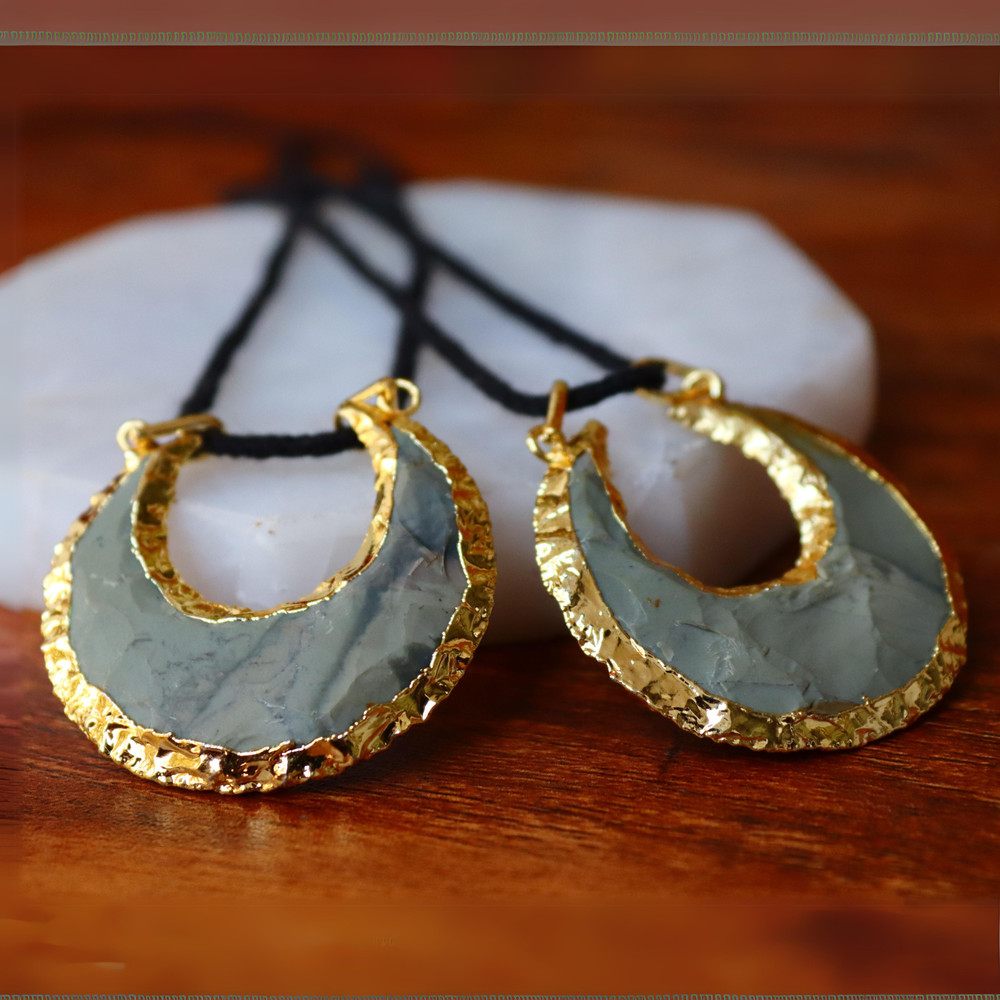 Raw Moon Shaped Agate Handcrafted Gold Rim Pendant