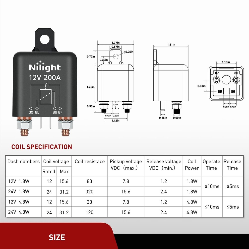 Nilight 200A Starter Relay 4 Pin Split Switch 12V Continuous Heavy Duty SPST