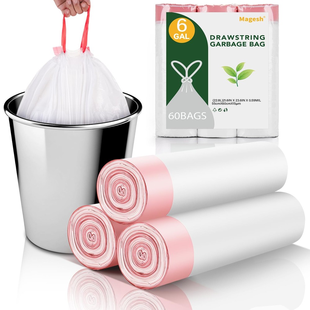 6 Gallon Trash Bags Drawstring - White Medium Kitchen Garbage Bags Plastic Un...