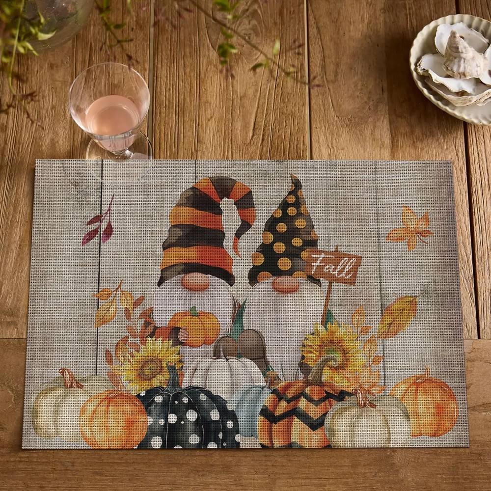Artoid Mode Wood Pumpkin Gnomes Leaves 12" x 18", Rectangular 4 Pcs,