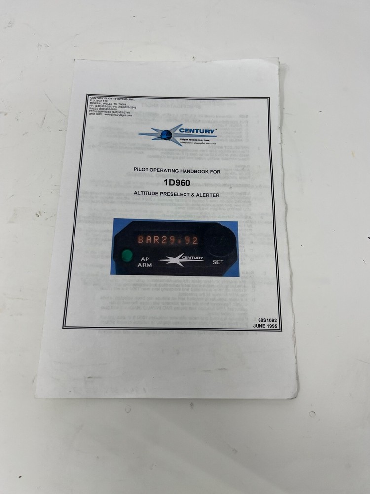 Century Flight Systems Altitude Preselect & Alerter Handbook 1D960