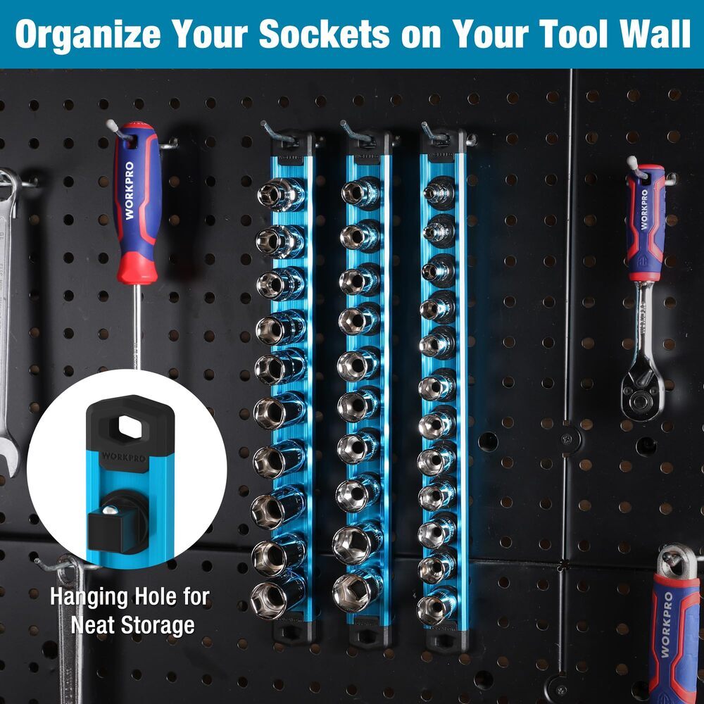 WORKPRO 1/2" Dr Magnetic Socket Organizer Heavy Duty Aluminum Alloy Socket Rails