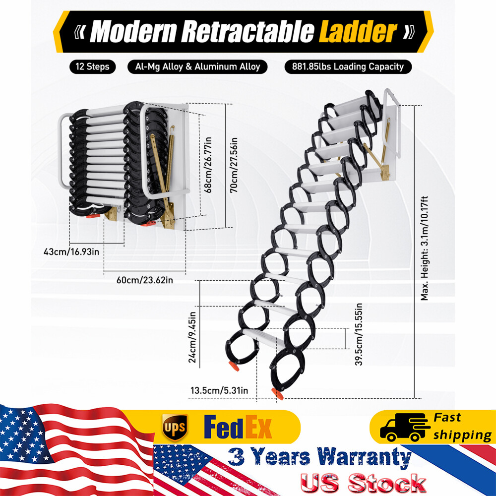 12 Steps Wall Mounted Folding Ladder Loft Stairs White Attic Steps Pull Down