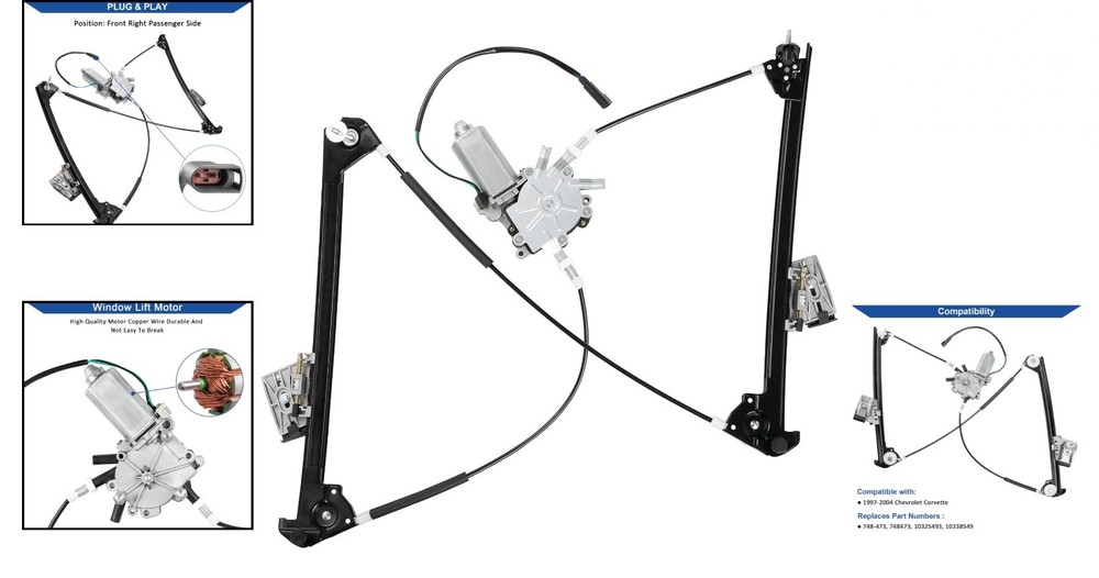 FrontRight Passenger Side Power Window Regulator w/ Motor fit for Chevy Corvette