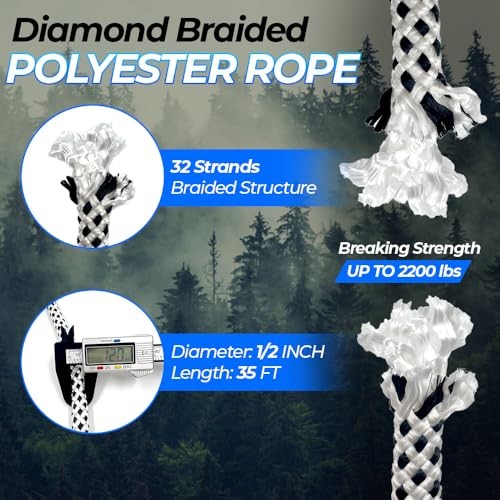 Heavy Duty Polyester Double Braided 1/2in X 35FT White/Black - Without Loop