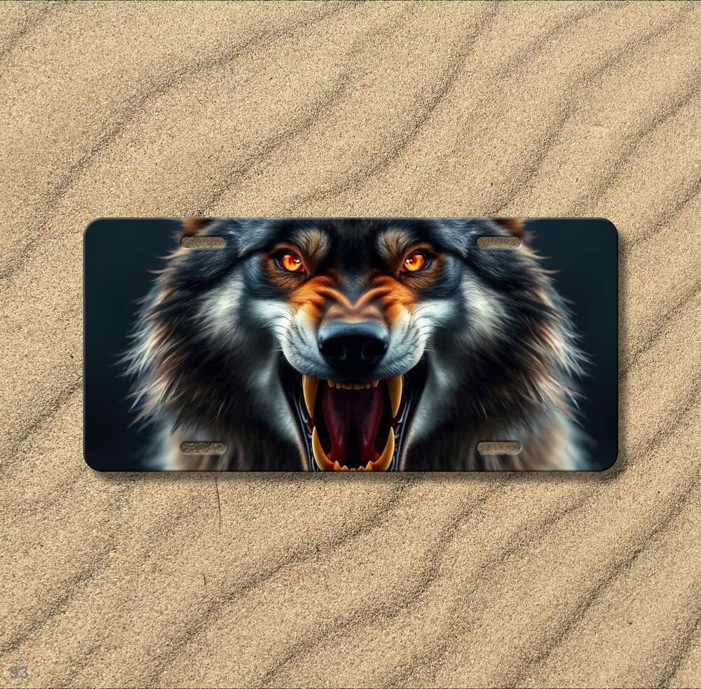 Hyperrealistic Wolf License Plate Fierce Expression Add Text Universal Fit Plate