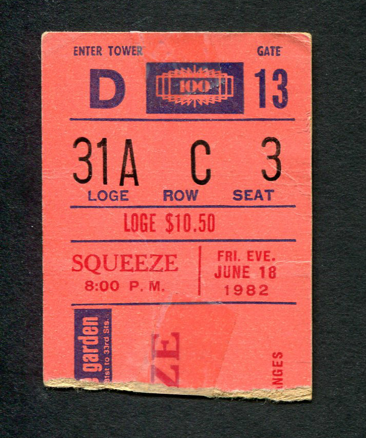 1982 Squeeze concert ticket stub Madison Square Garden Sweets From A Stranger