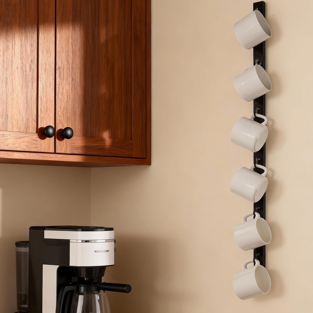 Wall-Mounted Coffee Mug Rack 6-Hook Solid Wood Cup Holder Kitchen Cabinet
