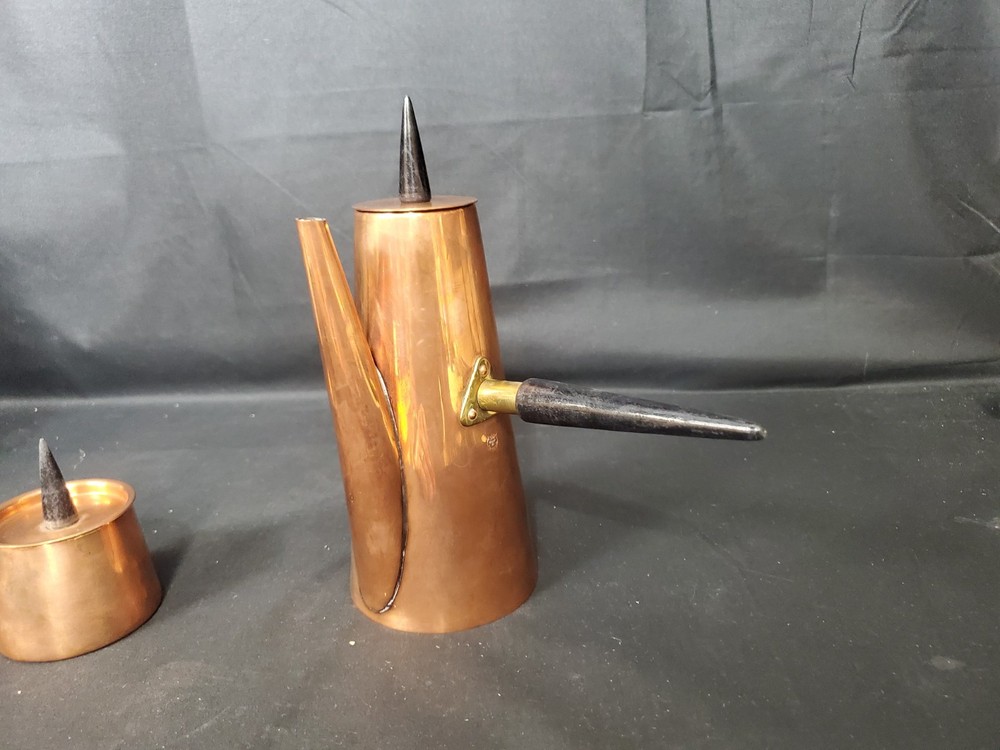 Mid Century Modern B&M Douro Angular Copper & Teak Coffee Pot Set Portugal 3pc