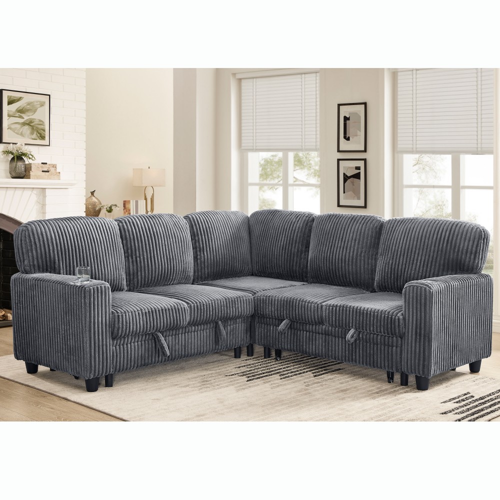 5-Seat L-Shaped Sectional Sofa Bed w/ Pull-Out Bed & USB Charging, Grey