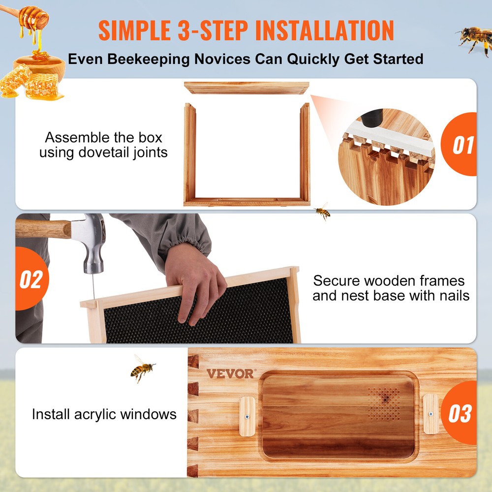 VEVOR Bee Hive Langstroth Kit 10 Deep & 10 Medium Frames with Acrylic Windows