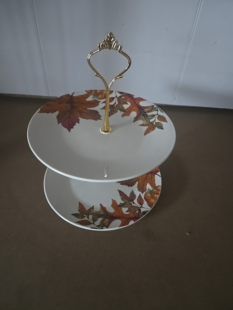 Royal Norfolk 2‑Tier Ceramic Cake Stand – Fall Leaf Pattern, Disassembles