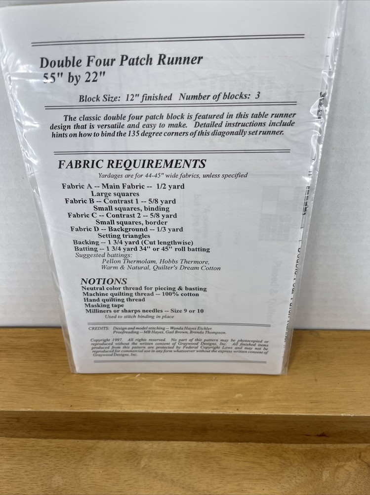 CRAFTS NOS Sewing Pattern FABRIC QUILT DOUBLE FOUR PATCH TABLE RUNNER 55X22