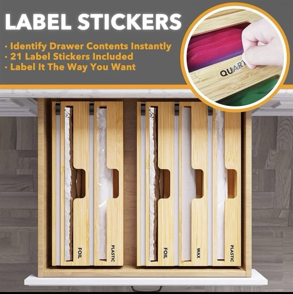 Compact Bamboo Wrap Organizer with Cutters – Holds 3 Wrap Types for Drawer
