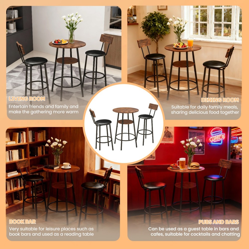 3 Piece Bar Table Set Round Counter Height Table w/ 2 PU Upholstered Bar Stools
