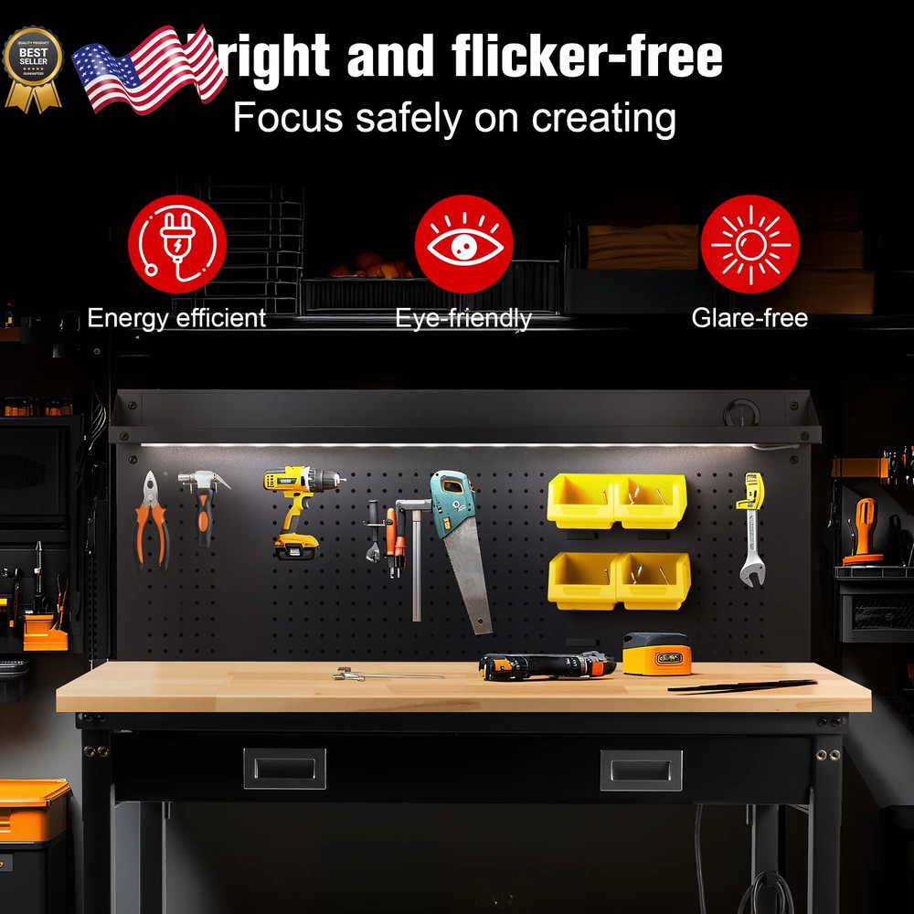 Multifunctional Workbench 60X22" with Pegboard Worktable W/ Power Outlets, LED