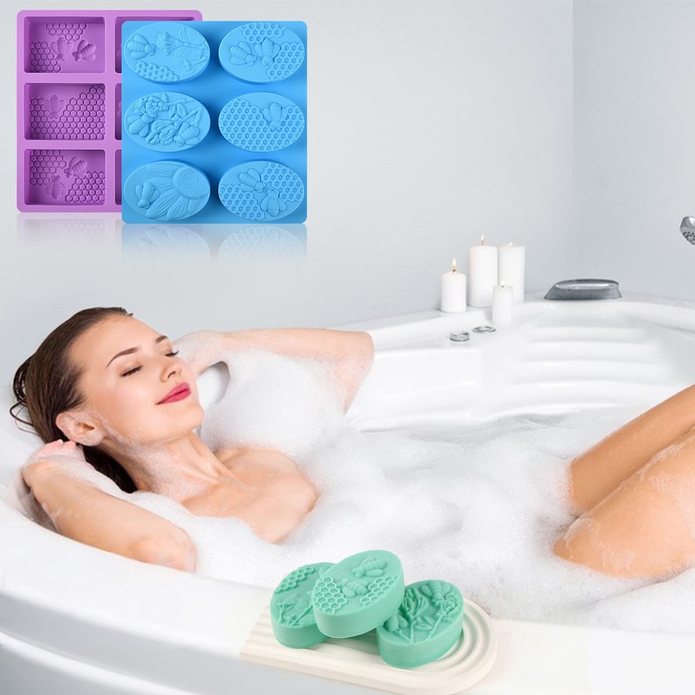 Sakolla 2 Pack Rectangular+Oval Honeycomb Bee Molds, Honeycomb/Purple & Blue