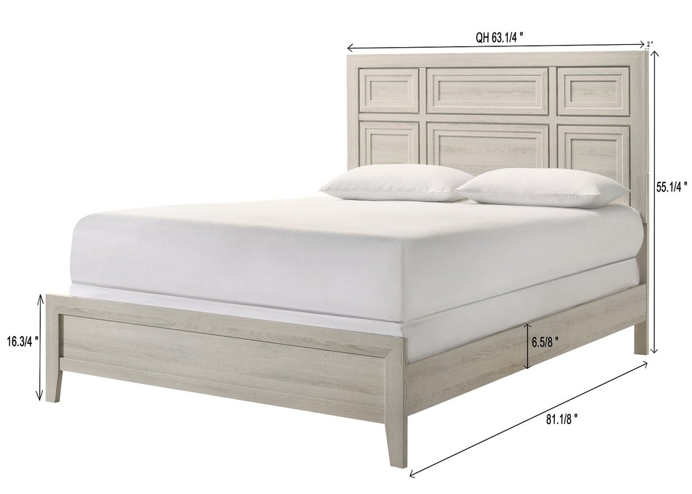 4pc Antique White Finish Queen Panel Bed Set Geometric Design Headboard