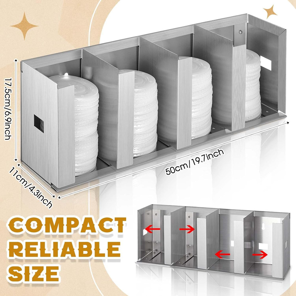 4 Compartments Stainless Steel Cup Dispenser with Adjustable Dividers Silver Cup