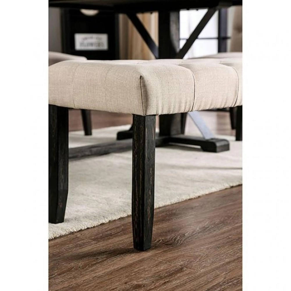 Classic Ivory 1PC BENCH Button Tufted Linen Like Fabric Solid wood Chair Uphol