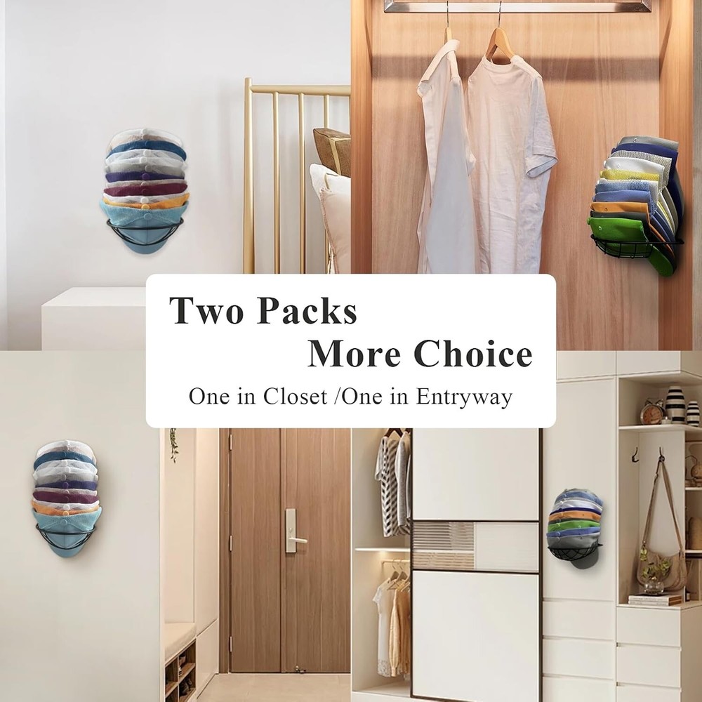 2-Pack Hat Racks for Wall Closet, Compact Organizer Baseball Black