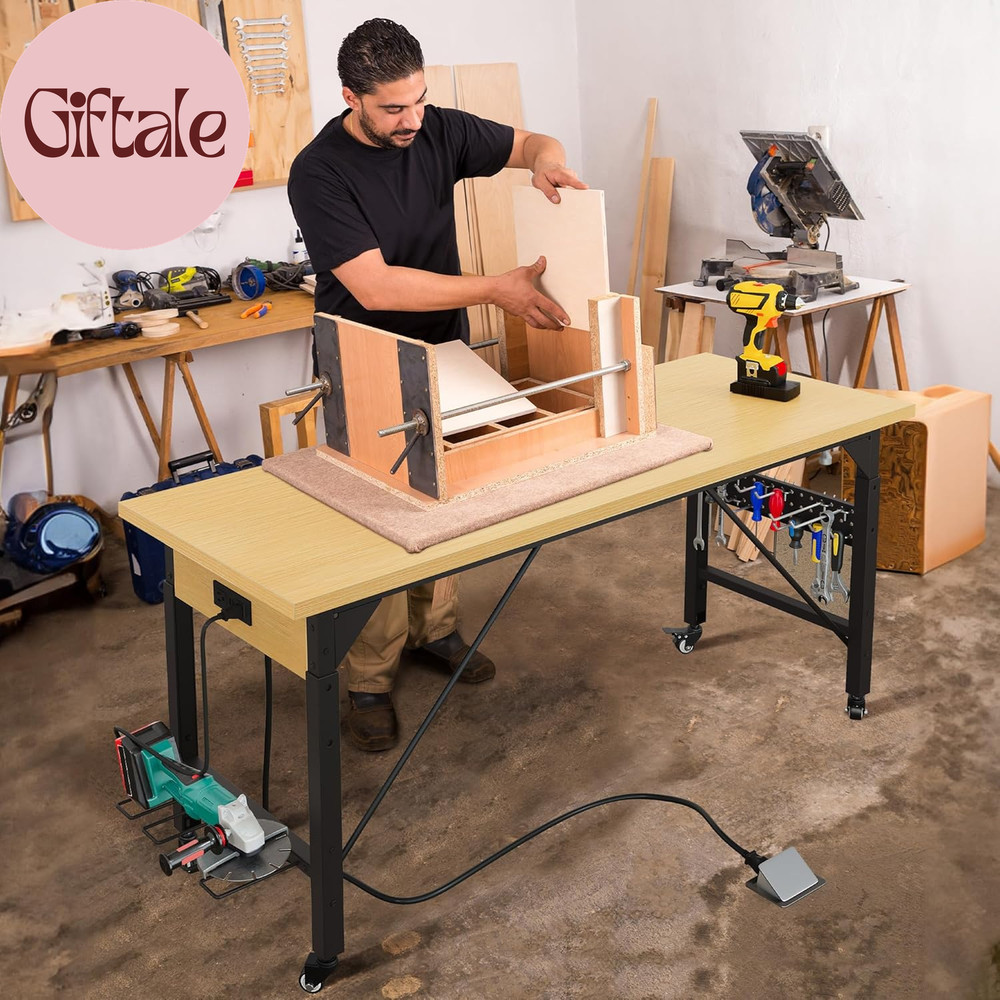 60" Adjustable Workbench on Wheels, Garage Tool Work Bench with Outlets & Wheels