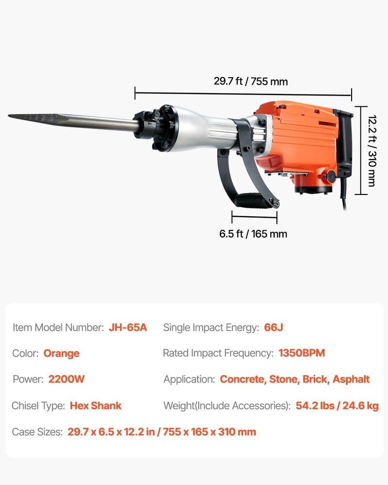 Heavy Duty Demolition Jack Hammer with 4 Chisels & Vibration Control Handle
