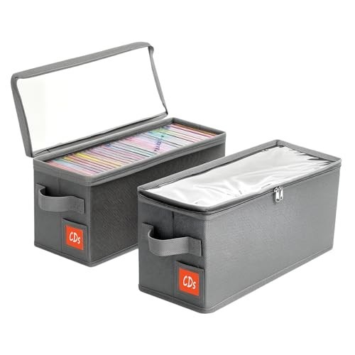 Stackable CD Storage Case Organizer with Lid & Handle - Dustproof 2-Pack, Gray