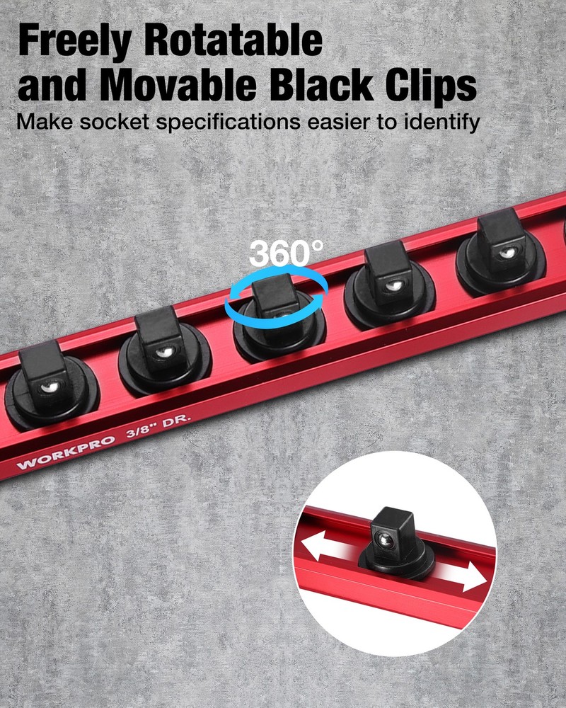 WORKPRO 3/8" Drive Magnetic Socket Organizer with 10Pcs Removable Socket Clips