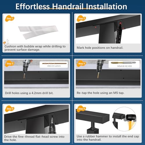 6'6" Stainless Steel T304 Handrail Black, Cuttable Rectangular Handrail Flat