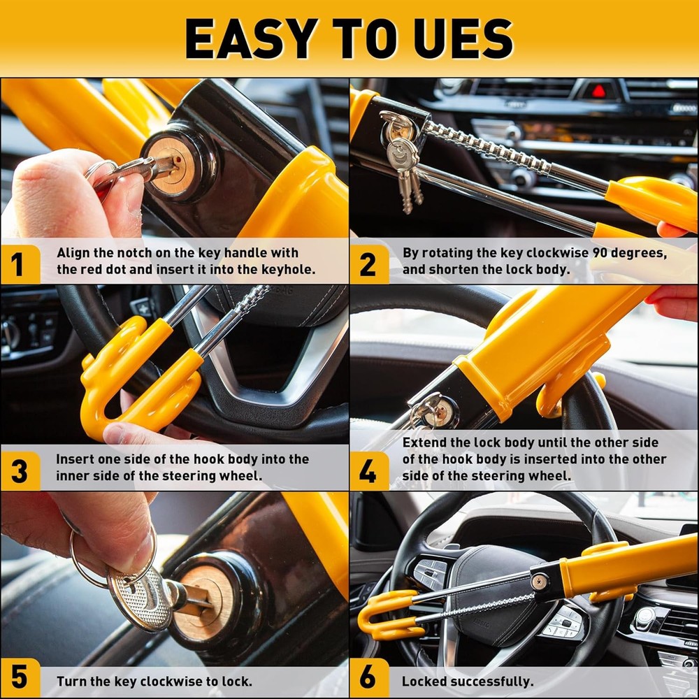 Heavy Duty Adjustable Steering Wheel Lock - Anti-Theft Car Security Device