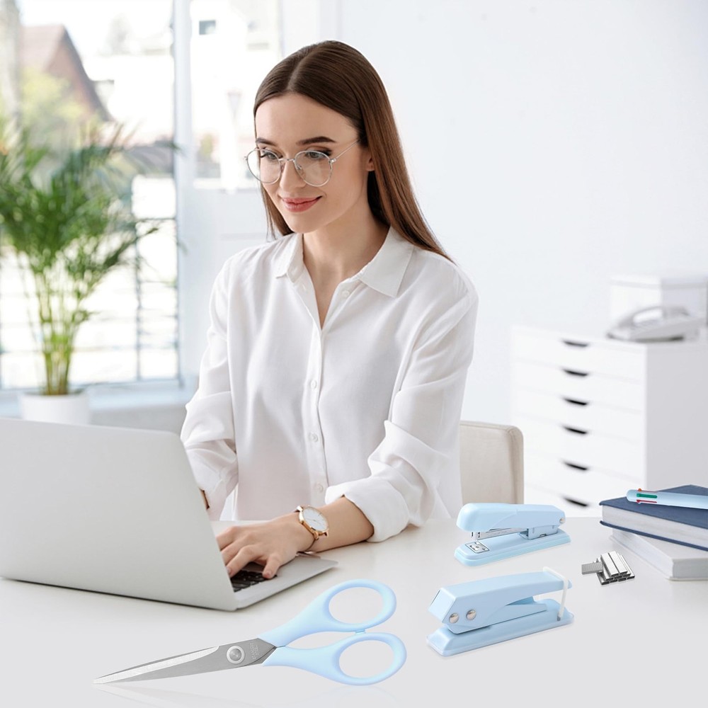Blue Desk Accessory Kit Cute Office Supplies Set Desktop Stapler