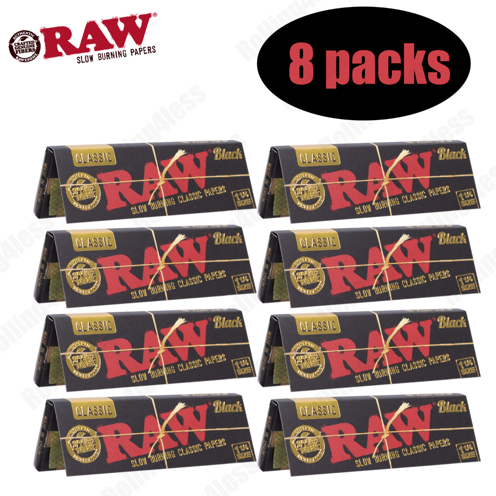 AUTHENTIC Raw Classic Black 1 1/4  Unrefined Rolling Papers | 8 packs