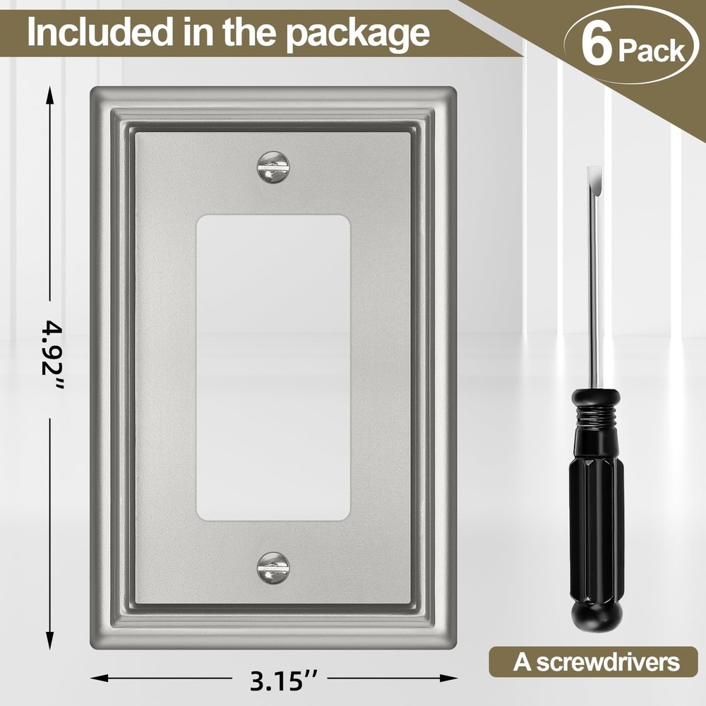 6 Pack Single Decorator Switch Covers Wall Plate, Brushed Nickel Decorative R...