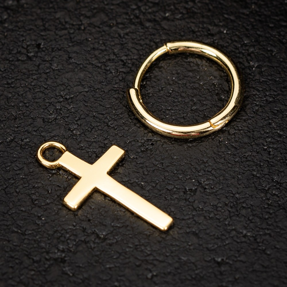 Solid Yellow Gold Plated Sterling Silver Dangle Cross Huggie Hoop Earrings