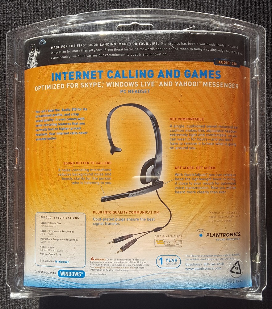 PLANTRONICS AUDIO 310 PC HEADSET Compatible With Windows From 2007 - NEW